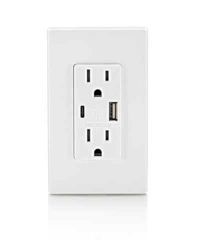 Leviton T5638 18W USB Type-a/C in-Wall Charger with 15A Outlet, USB Charger for Smartphones, White