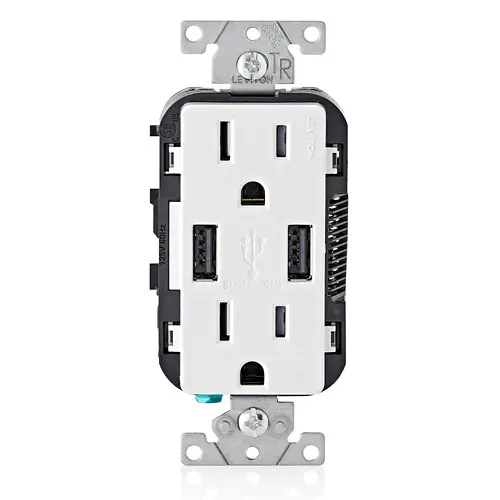[T56362-W] Leviton T56362-W 3.6A USB Type-A/Type-A Wall Outlet Charger with 15A Tamper-Resistant Receptacles White
