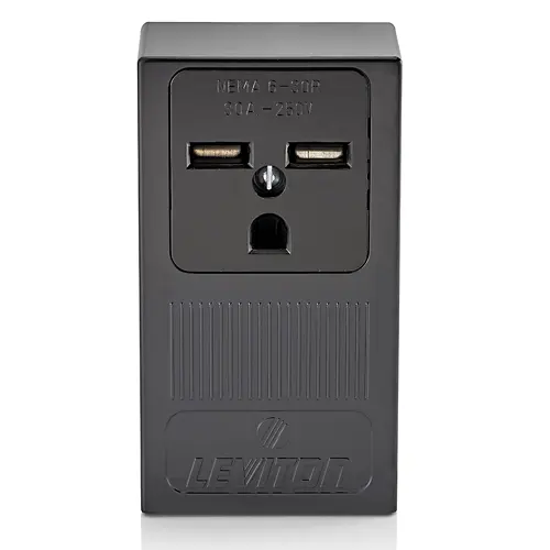 Leviton 30 Amp, 250 Volt, 2P, 3W, Surface Mtg Receptacle, Straight Blade, Industrial Grade, Grounding, Black