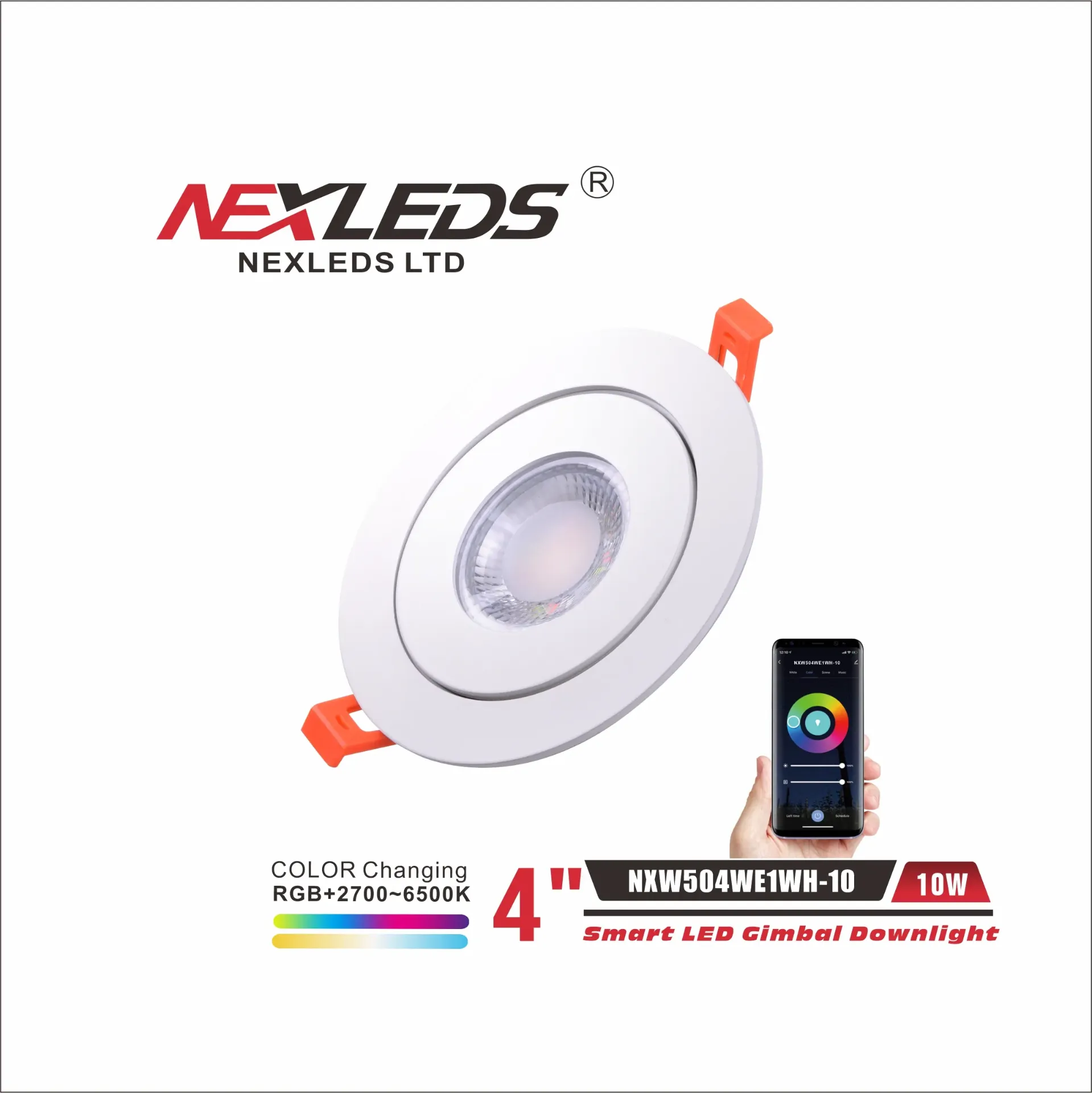 [NXW504WE1WH-10] Nexleds NXW504WE1WH-10, 4" Smart LED Gimbal Downlight, 120VAC, 10W, 92mA, 800 Lumens, RGB+2700K-6500K, White, Dimmable