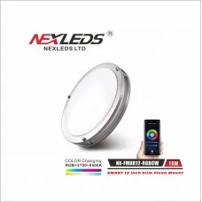 Nexleds 12 inch LED Smart Slim Flush Mount - 15W - 120VAC - 1200lm - RGB+5CCT Adjustable - Brushed Nickel Ceiling Mount