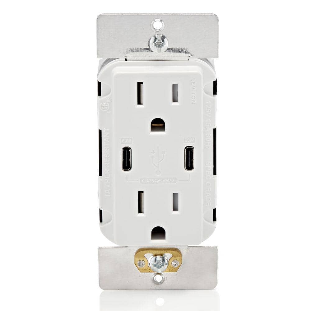 [T5636-W] Leviton T5636-W USB Wall Outlet High Power Dual Type-C/C Power Delivery 60W (6A) Charger with 15A Tamper-Resistant Outlet, White T5636-W