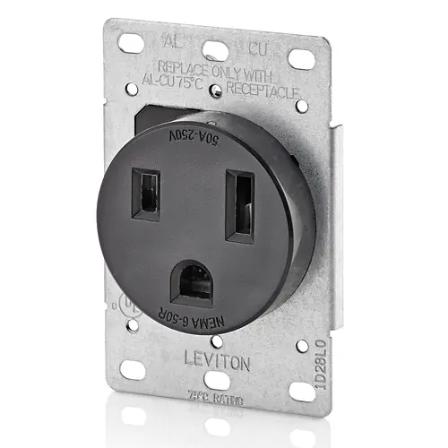 [5374-S00] Leviton 50 Amp, 250 Volt, 2P, 3W, Flush Mtg Receptacle, Straight Blade, Industrial Grade, Grounding, Black 5374-S00
